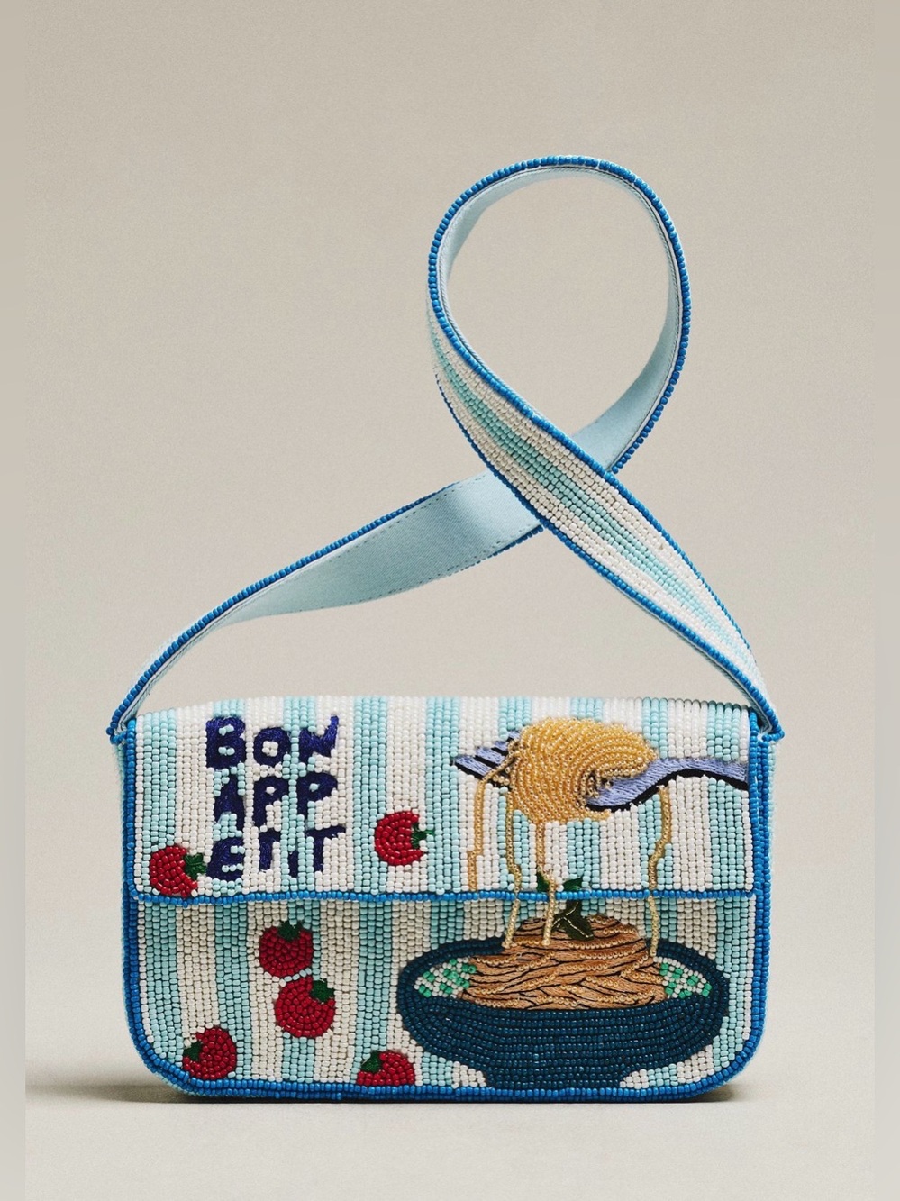 New Anthropologie Fiona beaded shoulder bag spaghetti pasta fork blue white
